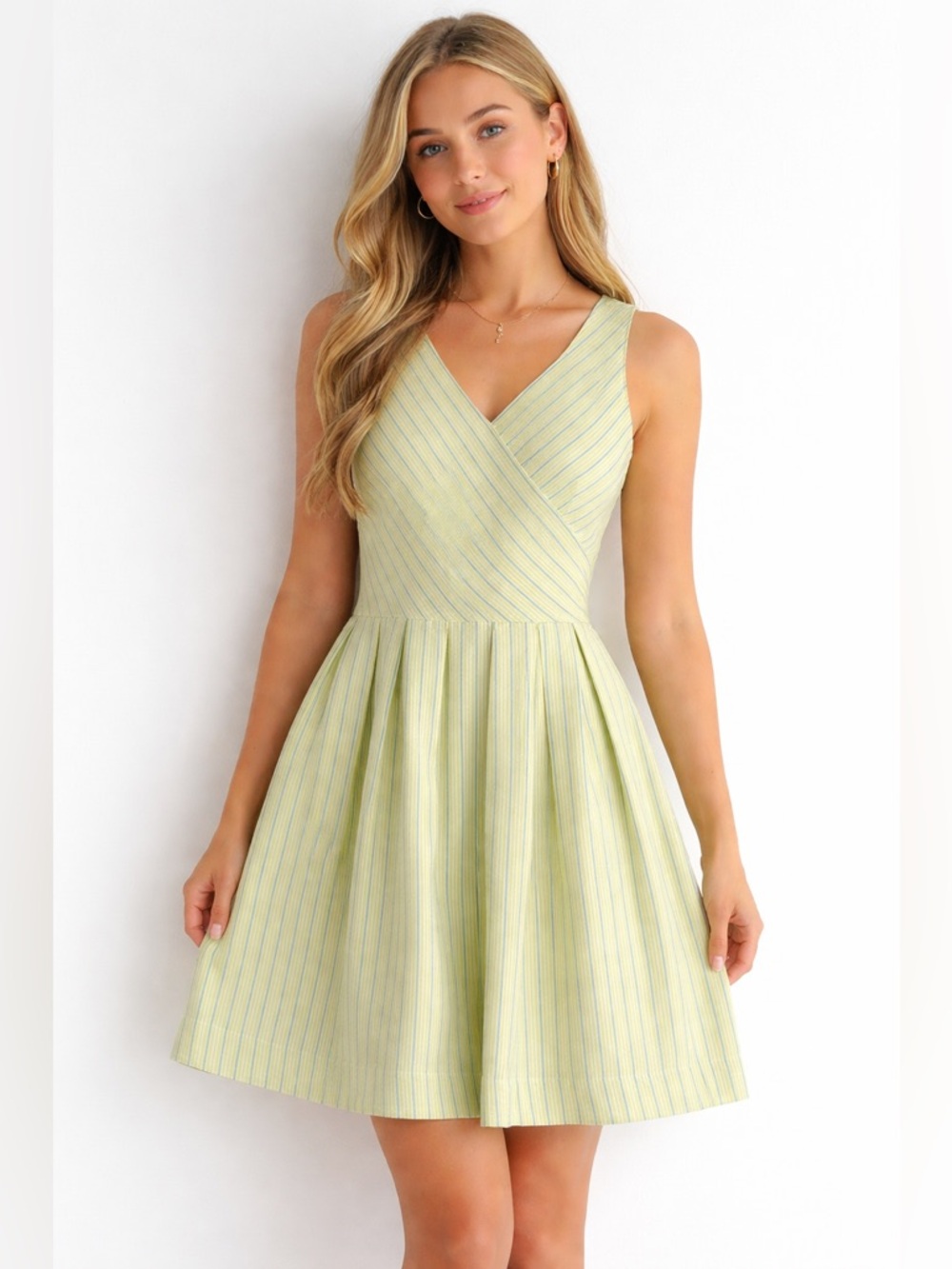 Talbots Green Seersucker Sleeveless Dress Size 2P Striped Retro Fit & Flare